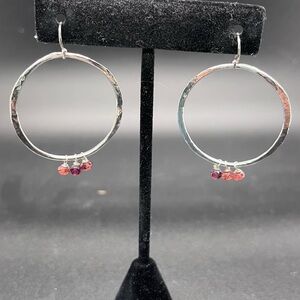 Sterling Silver Hoop Earrings with garnet bead Accents